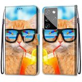 Peňaženkové kožené DRAWING puzdro na Samsung Galaxy S21 Ultra 5G - Cat Drinking Soda