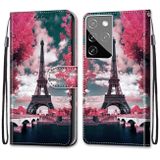 Peňaženkové kožené DRAWING puzdro na Samsung Galaxy S21 Ultra 5G - Pink Flower Tower Bridge