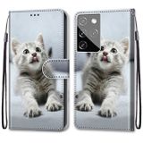 Peňaženkové kožené DRAWING puzdro na Samsung Galaxy S21 Ultra 5G - Small Gray Cat