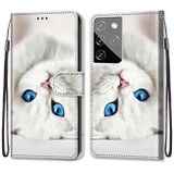 Peňaženkové kožené DRAWING puzdro na Samsung Galaxy S21 Ultra 5G - White Kitten