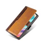 Retro textúra Kontrastná farba Bočná pracka Horizontálne flipové kožené puzdro s držiakom a sloty na karty a peňaženkou pre Samsung Galaxy A20s -Hnedá