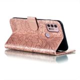 Peňaženkové kožené puzdro Lace Flower Embossed na Moto G10/G20/G30 - Ružovo zlatá