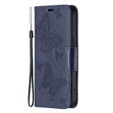 Peňaženkové kožené puzdro BUTTERFLIES na iPhone 13 Mini - Modrá