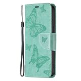Peňaženkové kožené puzdro BUTTERFLIES na iPhone 13 - Zelená