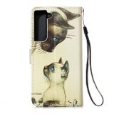 Peňaženkové kožené puzdro DRAWING na Samsung Galaxy S22 5G - Cat Looking