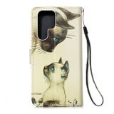 Peňaženkové kožené puzdro DRAWING na Samsung Galaxy S22 Ultra 5G - Cat Looking