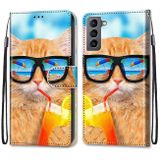 Peňaženkové kožené puzdro DRAWING na Samsung Galaxy S22 5G - Cat Drinking Soda
