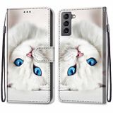 Peňaženkové kožené puzdro DRAWING na Samsung Galaxy S22 5G - White Kitten