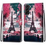 Peňaženkové kožené puzdro DRAWING na Samsung Galaxy S22 Plus 5G - Pink Flower Tower Bridge