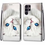 Peňaženkové kožené puzdro DRAWING na Samsung Galaxy S22 Ultra 5G - White Kitten