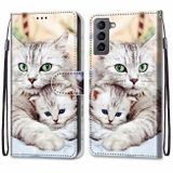 Peňaženkové kožené puzdro DRAWING na Samsung Galaxy S22 5G - Big Cat Hugging Kitten