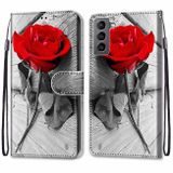 Peňaženkové kožené puzdro DRAWING na Samsung Galaxy S22 5G - Red Rose On Wooden