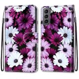 Peňaženkové kožené puzdro DRAWING na Samsung Galaxy S22 5G - Chrysanthemum Pink White Purple