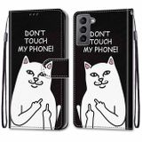 Peňaženkové kožené puzdro DRAWING na Samsung Galaxy S22 5G - Middle Finger White Cat