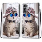 Peňaženkové kožené puzdro DRAWING na Samsung Galaxy S22 5G - Oblique Hat Blue Mirror Cat