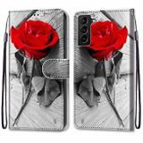Peňaženkové kožené puzdro DRAWING na Samsung Galaxy S22 Plus 5G - Red Rose On Wooden