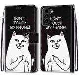 Peňaženkové kožené puzdro DRAWING na Samsung Galaxy S22 Plus 5G - Middle Finger White Cat