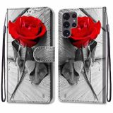 Peňaženkové kožené puzdro DRAWING na Samsung Galaxy S22 Ultra 5G - Red Rose On Wooden