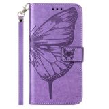 Peňaženkové kožené puzdro Embossed Butterfly na iPhone 14 - Svetlofialová