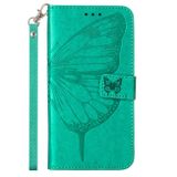 Peňaženkové kožené puzdro Embossed Butterfly na iPhone 14 - Zelená