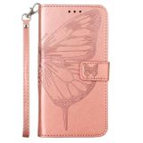 Peňaženkové kožené puzdro Embossed Butterfly na iPhone 14 - Ružovozlatá