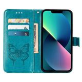 Peňaženkové kožené puzdro Embossed Butterfly na iPhone 14 - Modrá