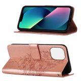 Peňaženkové kožené puzdro BUTTERFLY na iPhone 14 Plus - Ružovozlatá