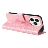 Peňaženkové kožené puzdro FLOWERS na iPhone 14 Pro - Ružovozlatá