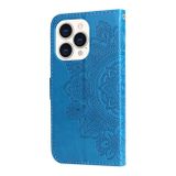 Peňaženkové kožené puzdro FLOWERS na iPhone 14 Pro - Modrá