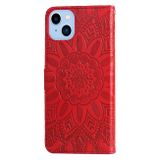 Peňaženkové kožené puzdro Embossed Sunflower na iPhone 14 - Červená