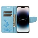 Peňaženkové kožené puzdro BUTTERFLY na iPhone 14 Pro Max - Modrá