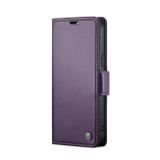 Peňaženkové kožené puzdro CaseMe Litchi na iPhone 15 Pro - Perleťovo fialová