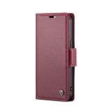 Peňaženkové kožené puzdro CaseMe Litchi na iPhone 15 - Vínovo červená