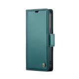 Peňaženkové kožené puzdro CaseMe Litchi na iPhone 15 - Perleťovo modrá
