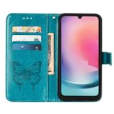 Peňaženkové kožené puzdro Embossed Butterfly na Samsung Galaxy A05s - Modrá