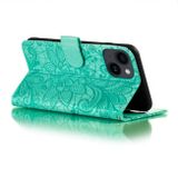 Peňaženkové kožené puzdro LACE FLOWER na iPhone 15 Plus - Zelená