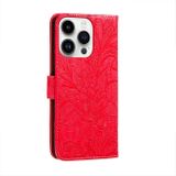 Peňaženkové kožené puzdro Lace na iPhone 15 Pro - Červená
