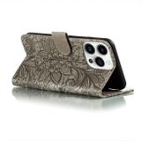 Peňaženkové kožené puzdro FLOWER na iPhone 15 Pro Max - Šedá