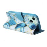 Peňaženkové kožené puzdro Marble Bronzing na iPhone 15 - Modrá