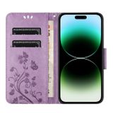 Peňaženkové kožené puzdro Butterfly na iPhone 15 Pro - Svetlo fialová
