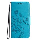 Peňaženkové kožené puzdro Butterfly Flower na iPhone 15 Plus - Modrá