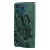 Peňaženkové kožené puzdro Butterflies na iPhone 15 Pro - Zelená