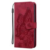 Peňaženkové kožené puzdro Butterflies na iPhone 15 Plus - Červená