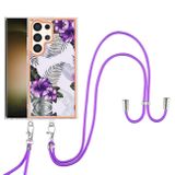 Gumený kryt Electroplating Lanyard na Samsung Galaxy S24 Ultra 5G - Purple Flower