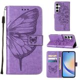 Peňaženkové kožené puzdro Embossed Butterfly na Galaxy A35 5G - Fialová