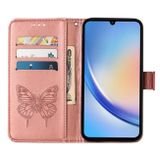 Peňaženkové kožené puzdro Embossed Butterfly na Galaxy A35 5G - Ružovo zlatá