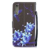 Peňaženkové kožené puzdro na Samsung Galaxy A50 - modrý motýľ