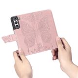 Peňaženkové kožené puzdro BUTTERFLY na Samsung Galaxy S21 FE - Ružovozlatá