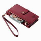 Peňaženkové kožené puzdro Love Zipper na iPhone 15 Plus - Červená