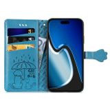 Peňaženkové kožené puzdro Cat and Dog na iPhone 15 - Modrá